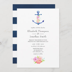 Watercolor Nautical Themed Floral Wedding Invitation