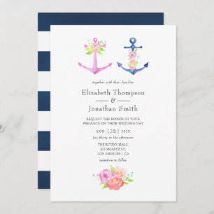 Watercolor Nautical Themed Floral Wedding Invitation