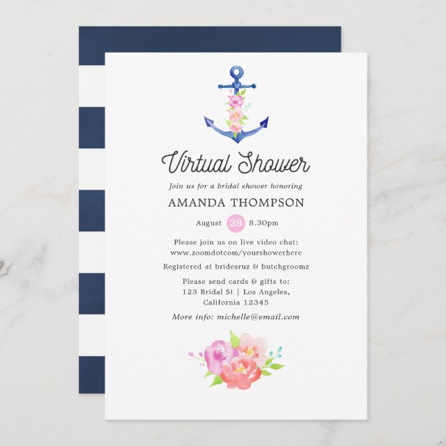 Watercolor Nautical Virtual Bridal Shower Invitation (Front/Back)