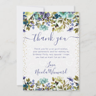 Watercolor Navy and Blue Flowers Birthday Thank You Card