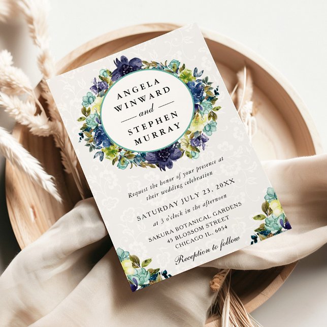 Watercolor Navy and Blue Wreath Wedding Invitation (Creator Uploaded)