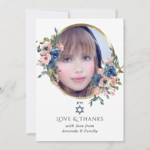 Watercolor Navy and Blush Floral Bat Mitzvah Photo Thank You Card