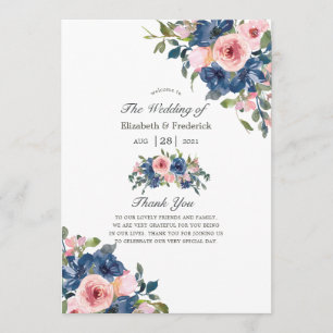 Watercolor Navy and Blush Floral Wedding Program
