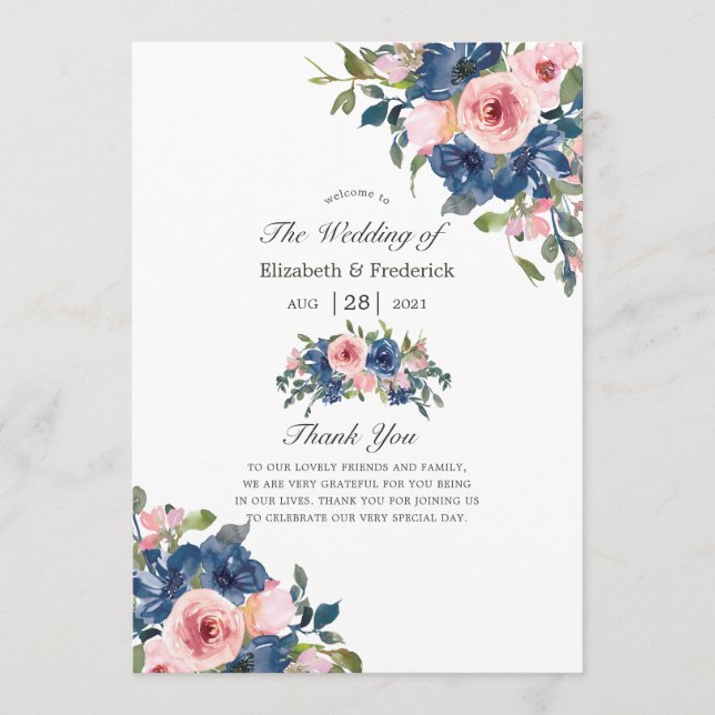 Watercolor Navy and Blush Floral Wedding Program (Front)