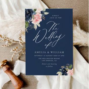 watercolor navy and blush wedding invitation