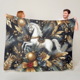 Watercolor Navy and Gold Horse Holiday Motifs Fleece Blanket