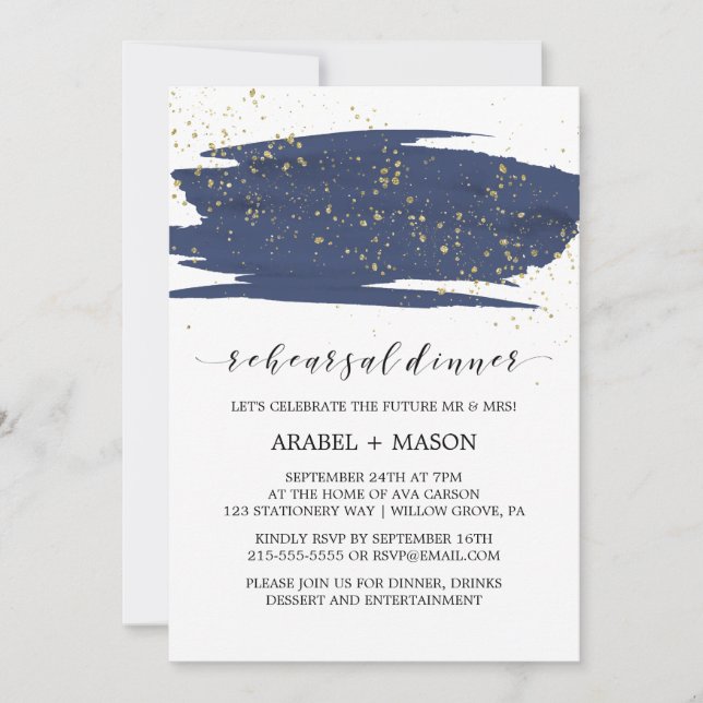Watercolor Navy and Gold Sparkle Rehearsal Dinner Invitation (Front)
