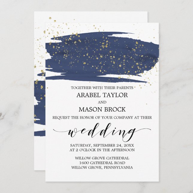 Watercolor Navy and Gold Sparkle Wedding Invitation (Front/Back)