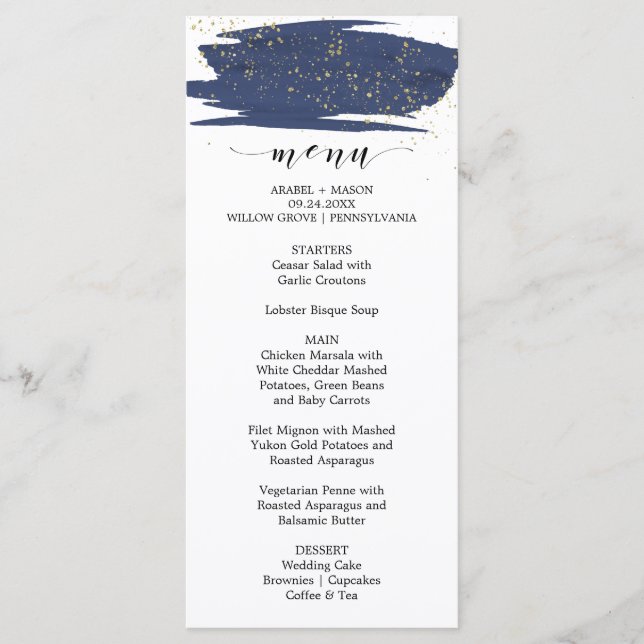Watercolor Navy and Gold Sparkle Wedding Menu (Front)