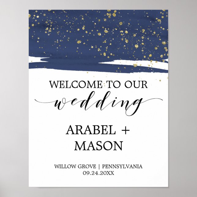 Watercolor Navy and Gold Sparkle Wedding Welcome Poster (Front)