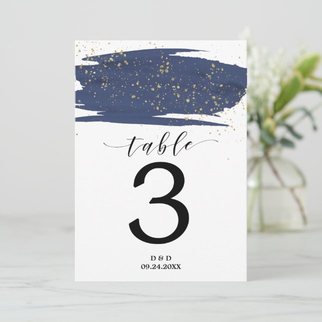 Watercolor Navy and Gold Wedding 5x7" Table Number (Standing Front)