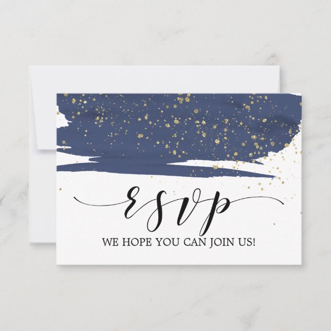 Watercolor Navy and Gold Wedding Website RSVP Card (Front)