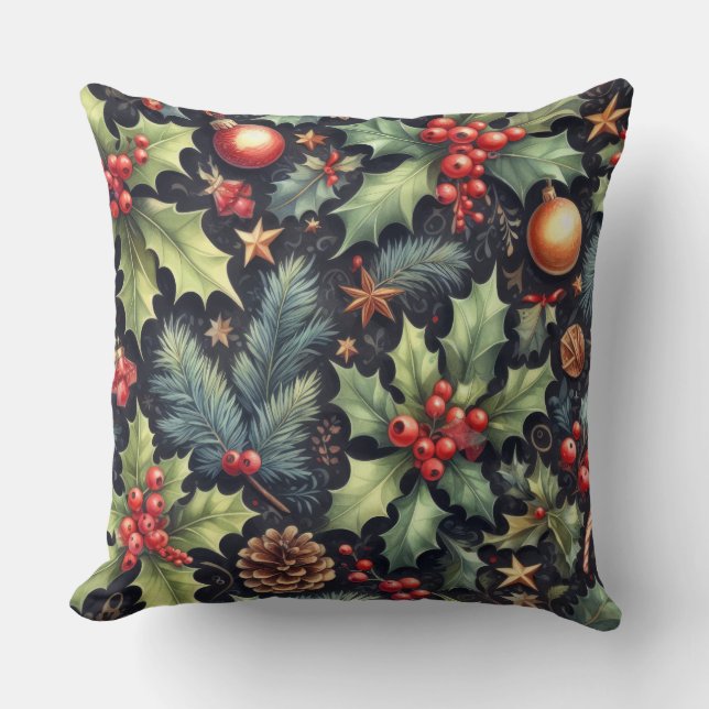 Watercolor Navy and Holly Holiday Motifs Cushion (Front)