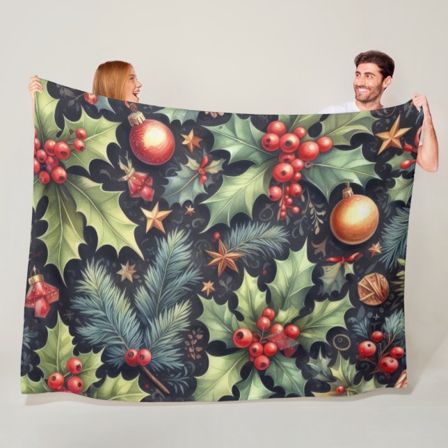 Watercolor Navy and Holly Holiday Motifs Fleece Blanket (In Situ)