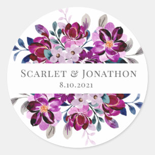 Watercolor Navy and Purple Floral Wedding Classic Round Sticker