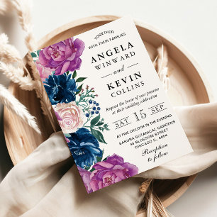 Watercolor Navy and Purple Flowers Wedding Invitation
