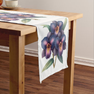 Watercolor navy blue and purple orchids short table runner