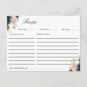Watercolor navy blue blush pink floral recipe card