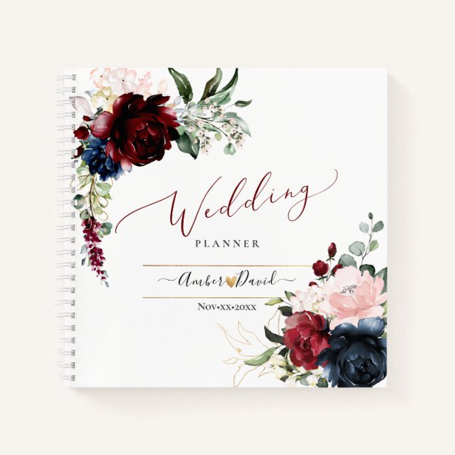 WATERCOLOR NAVY BLUE BURGUNDY WEDDING PLANNER NOTEBOOK (Front)