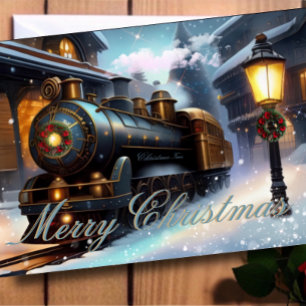 Watercolor Navy Blue Christmas Train Holiday Photo Card