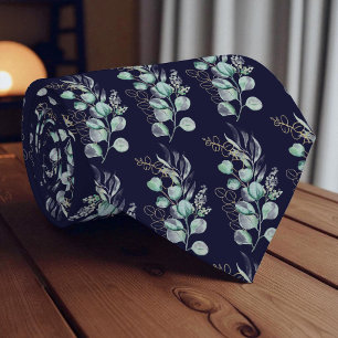 Watercolor Navy Blue Eucalyptus Greenery Pattern Tie