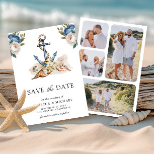 Watercolor Navy Blue Floral Anchor Wedding Save The Date