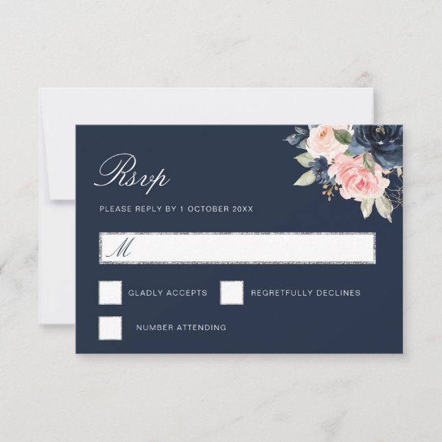 watercolor navy blue floral silver RSVP card (Front)