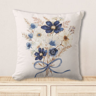 Watercolor Navy Blue Flower Bouquet Floral Cushion