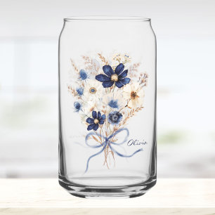 Watercolor Navy Blue Flower Bouquet Personalised Can Glass
