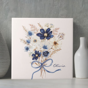 Watercolor Navy Blue Flower Bouquet Personalised Ceramic Tile