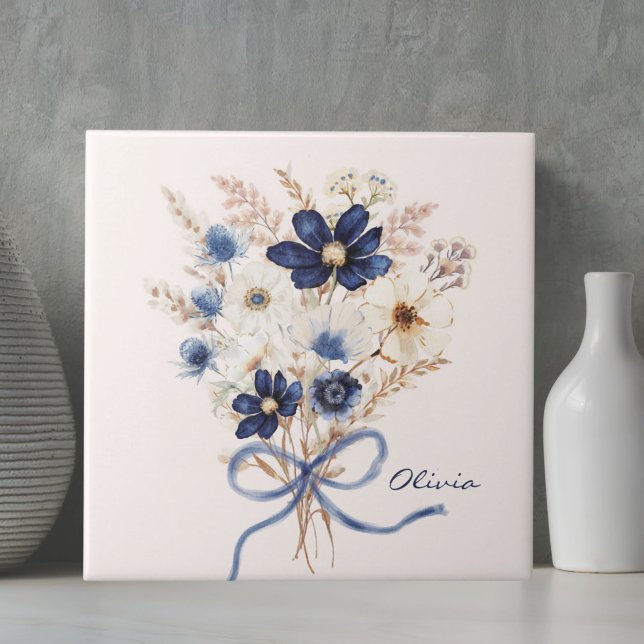 Watercolor Navy Blue Flower Bouquet Personalised Ceramic Tile (Creator Uploaded)