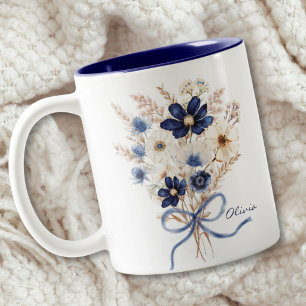 Watercolor Navy Blue Flower Bouquet Personalised Two-Tone Coffee Mug