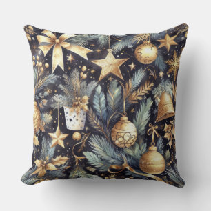 Watercolor Navy Blue Gold Christmas Motifs Holiday Cushion