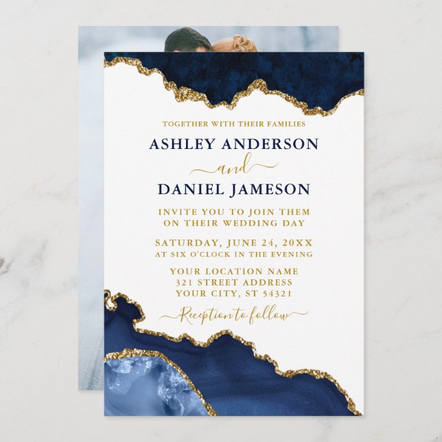 Watercolor Navy Blue Gold Marble Geode Photo Invitation (Front/Back)