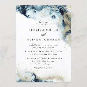 Watercolor Navy Blue & Gold Wedding Invitation