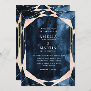 Watercolor Navy Blue Marble Gold Wedding  Invitation
