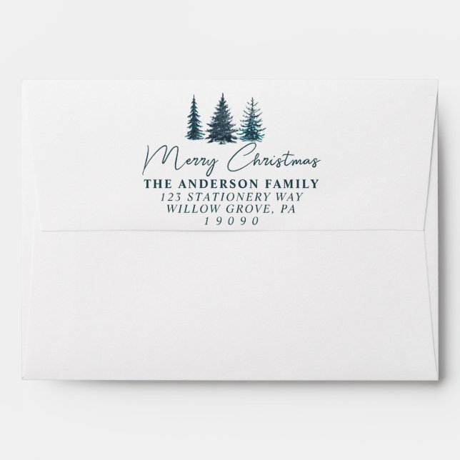 Watercolor Navy Blue Pine Trees Merry Christmas    Envelope (Back (Top Flap))