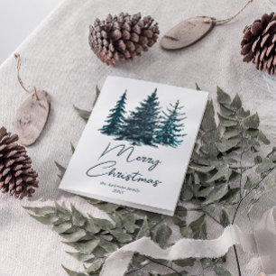 Watercolor Navy Blue Pine Trees Merry Christmas Holiday Card