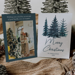 Watercolor Navy Blue Pine Trees Photo Christmas    Holiday Card