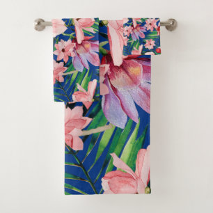 Watercolor navy blue red coral tropical floral bath towel set