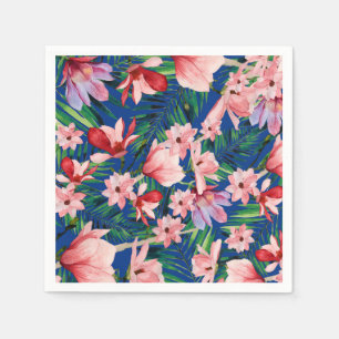 Watercolor navy blue red coral tropical floral napkin
