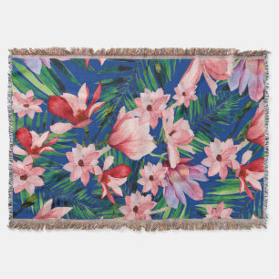 Watercolor navy blue red coral tropical floral throw blanket