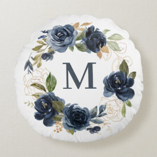 Watercolor Navy Blue Roses Wreath Gold Monogram Round Cushion