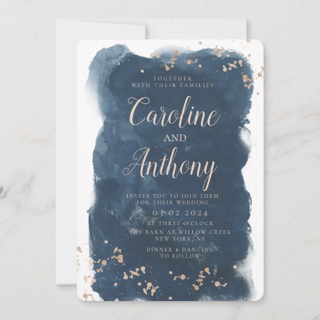 Watercolor Navy Blue Starry Rose gold Wedding  Invitation (Front)