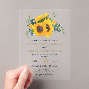 Watercolor Navy Blue Sunflower Rustic Wedding Acrylic Invitations
