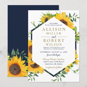 Watercolor Navy Blue Sunflower Rustic Wedding Invitation