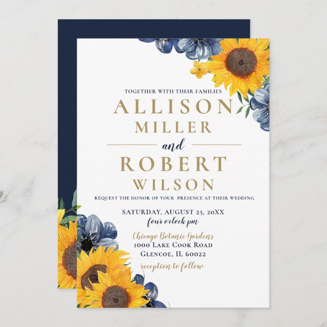 Watercolor Navy Blue Sunflower Rustic Wedding Invitation (Front/Back)