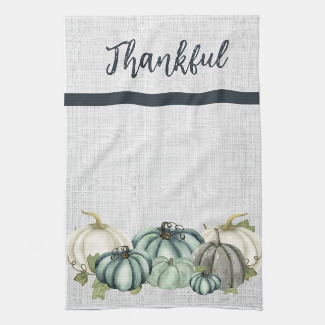 Watercolor Navy Blue, White, and Grey Pumpkin,  Tea Towel (Vertical)