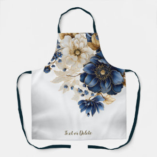 Watercolor Navy Blue White Golden Floral Silver Apron