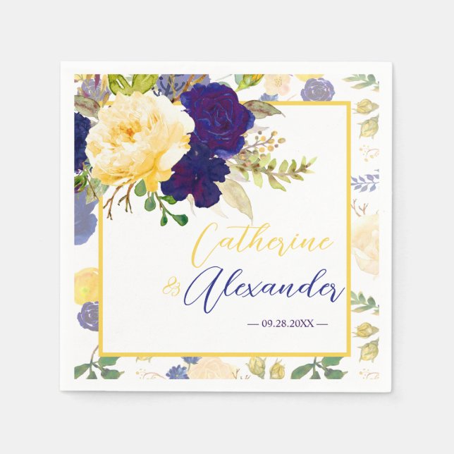 Watercolor Navy Blue Yellow Floral Wedding Paper Napkin (Front)